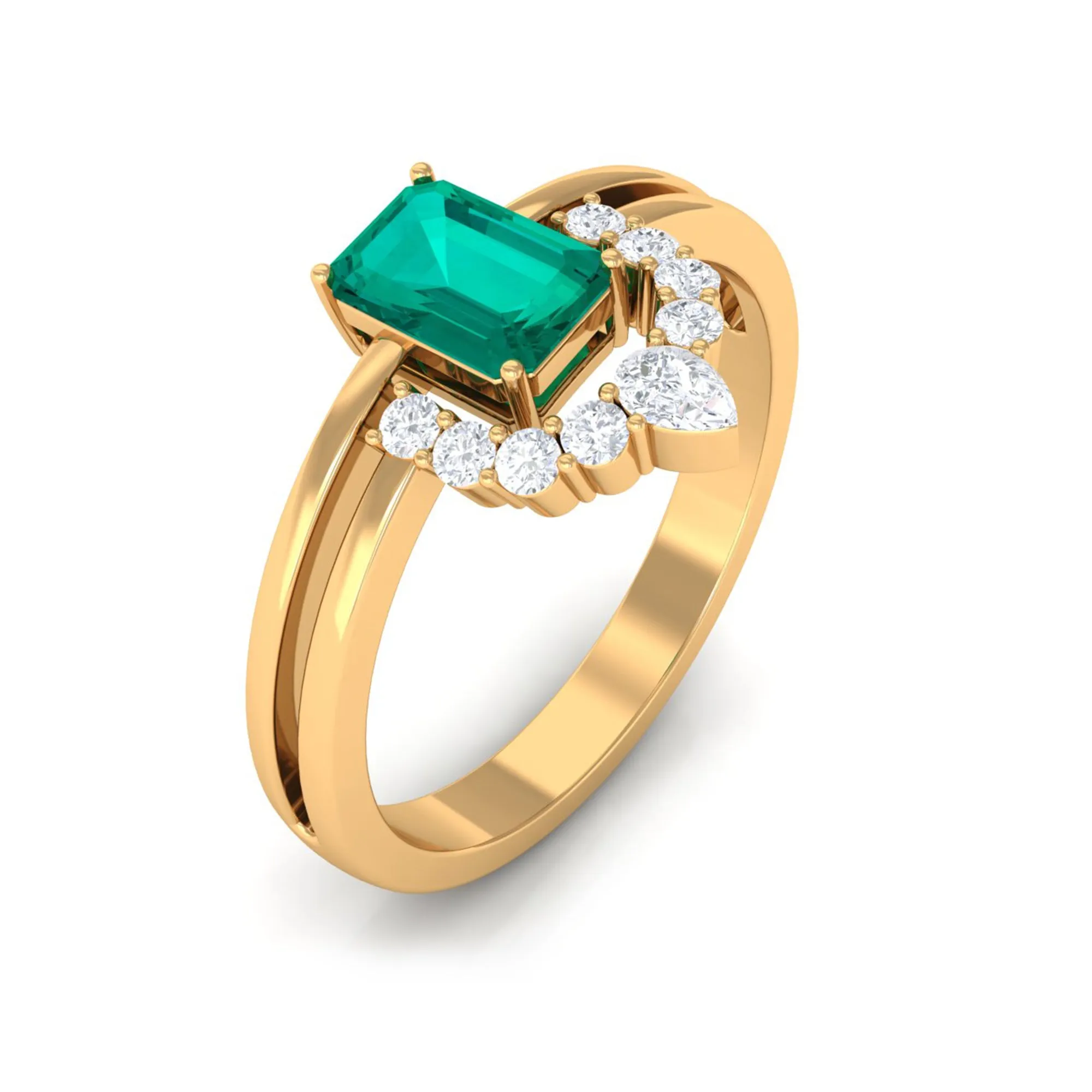 1 CT Solitaire Emerald Double Band Engagement Ring with Diamond Accent