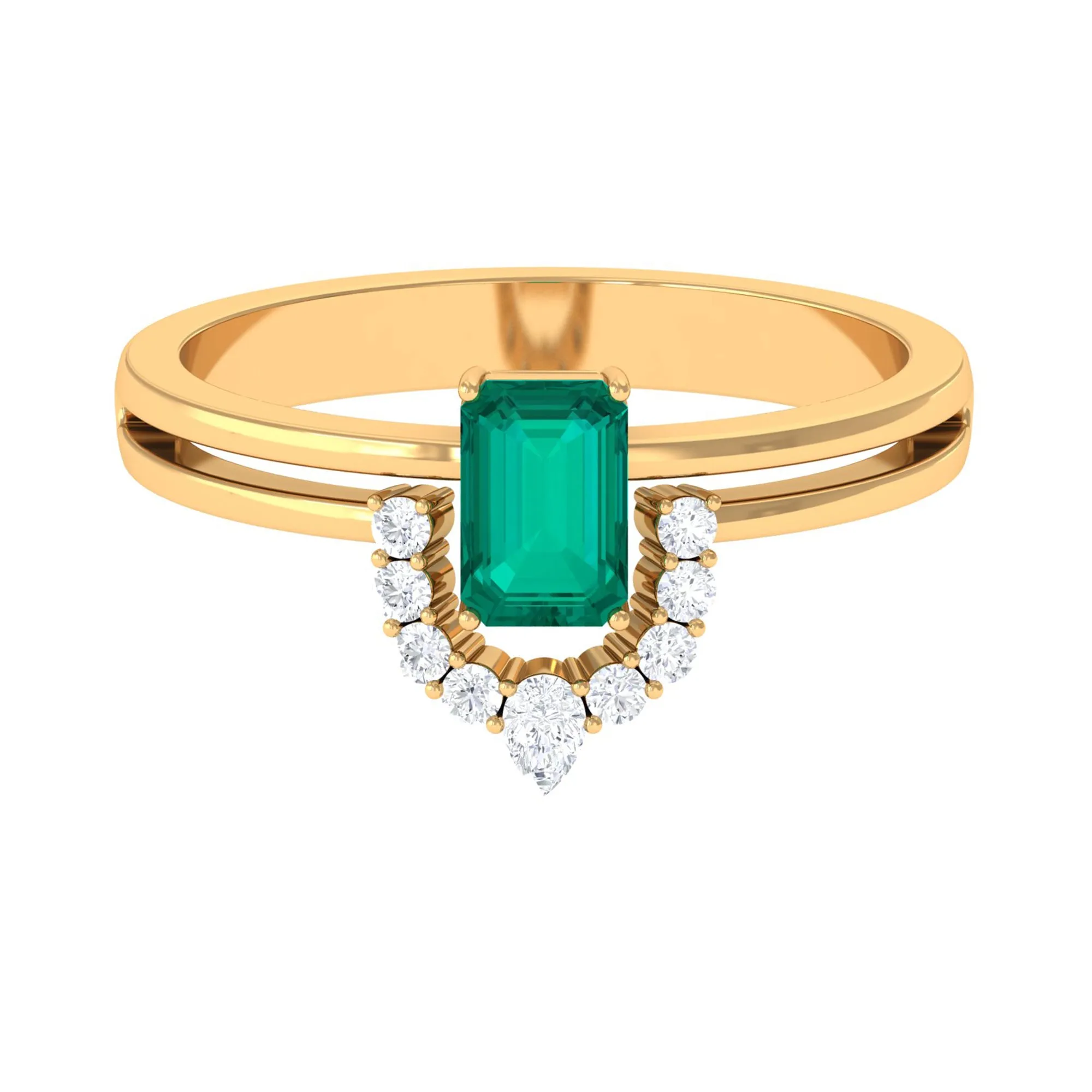 1 CT Solitaire Emerald Double Band Engagement Ring with Diamond Accent