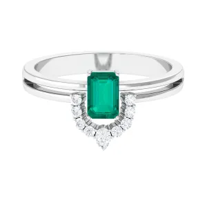 1 CT Solitaire Emerald Double Band Engagement Ring with Diamond Accent