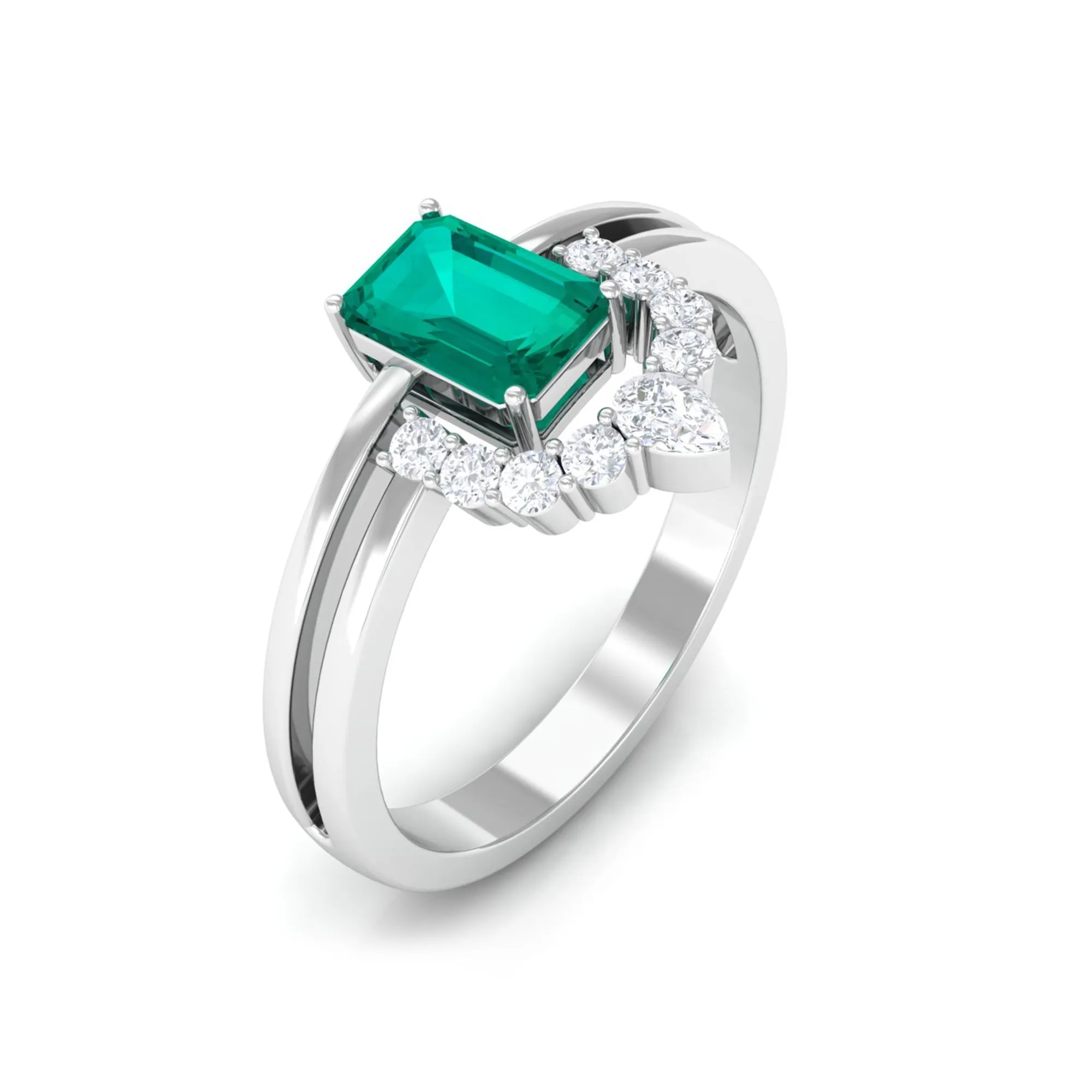 1 CT Solitaire Emerald Double Band Engagement Ring with Diamond Accent