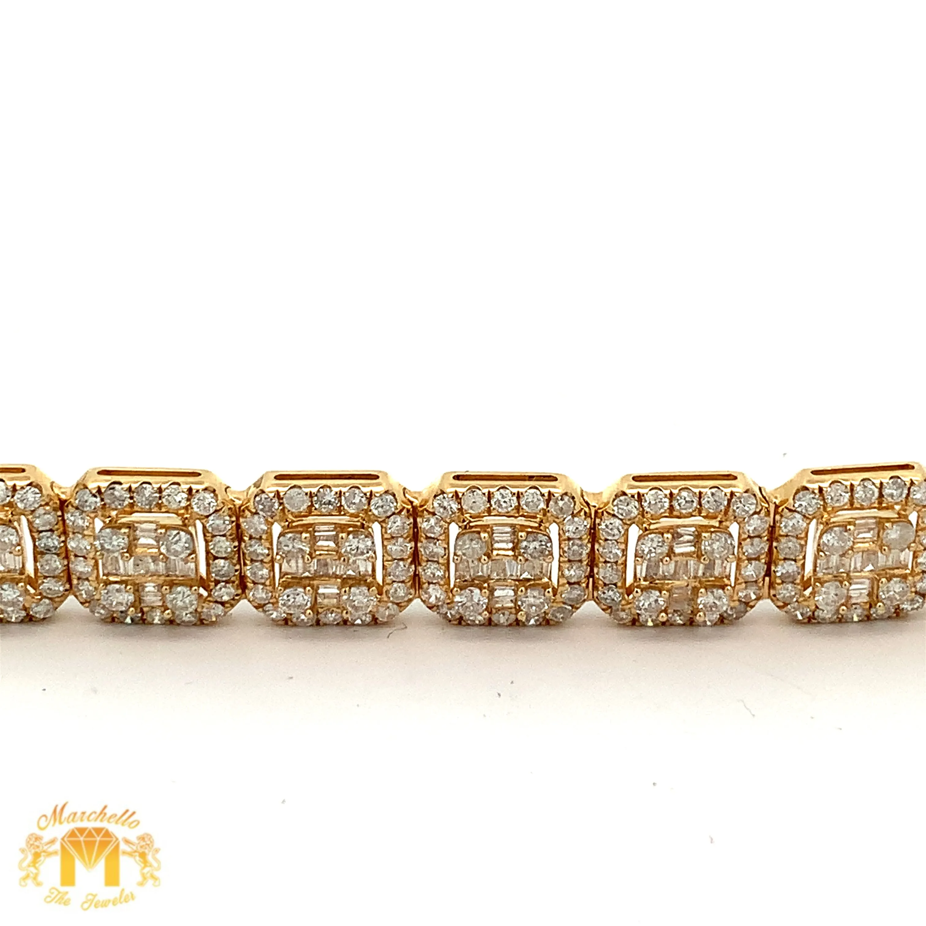 10.25ct diamonds 14k Yellow Gold Square Shaped Bracelet with Baguette and Round Diamonds