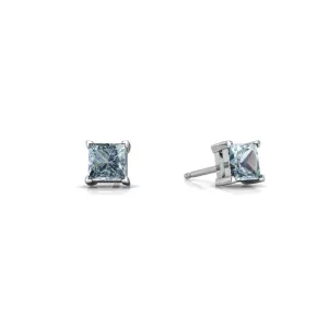 10k White Gold Plated 1 Carat Princess Cut Created Aquamarine Sapphire Stud Earrings