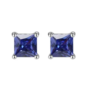 10k White Gold Plated 1/2 Carat Princess Cut Created Blue Sapphire Stud Earrings