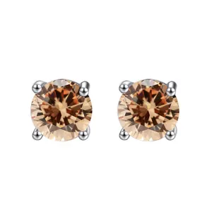 10k White Gold Plated 4 Carat Round Created Champagne Sapphire Stud Earrings