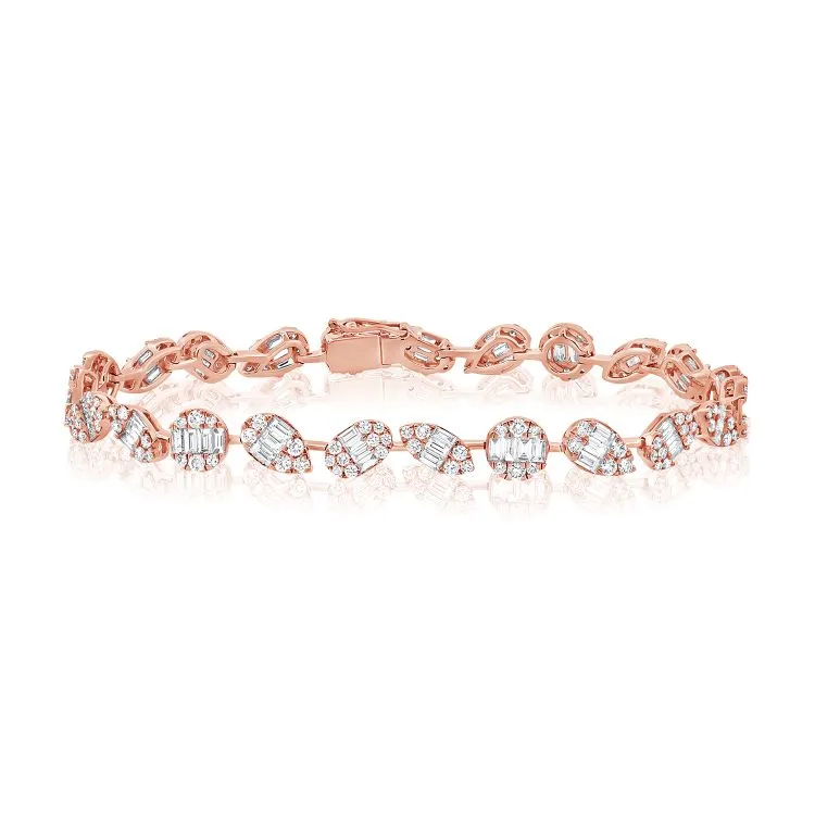 14k 1.81Ct Baguette 83 diamonds, 1.83Ct Round 156 Diamond Bracelet, Available in White, Rose and Yellow Gold