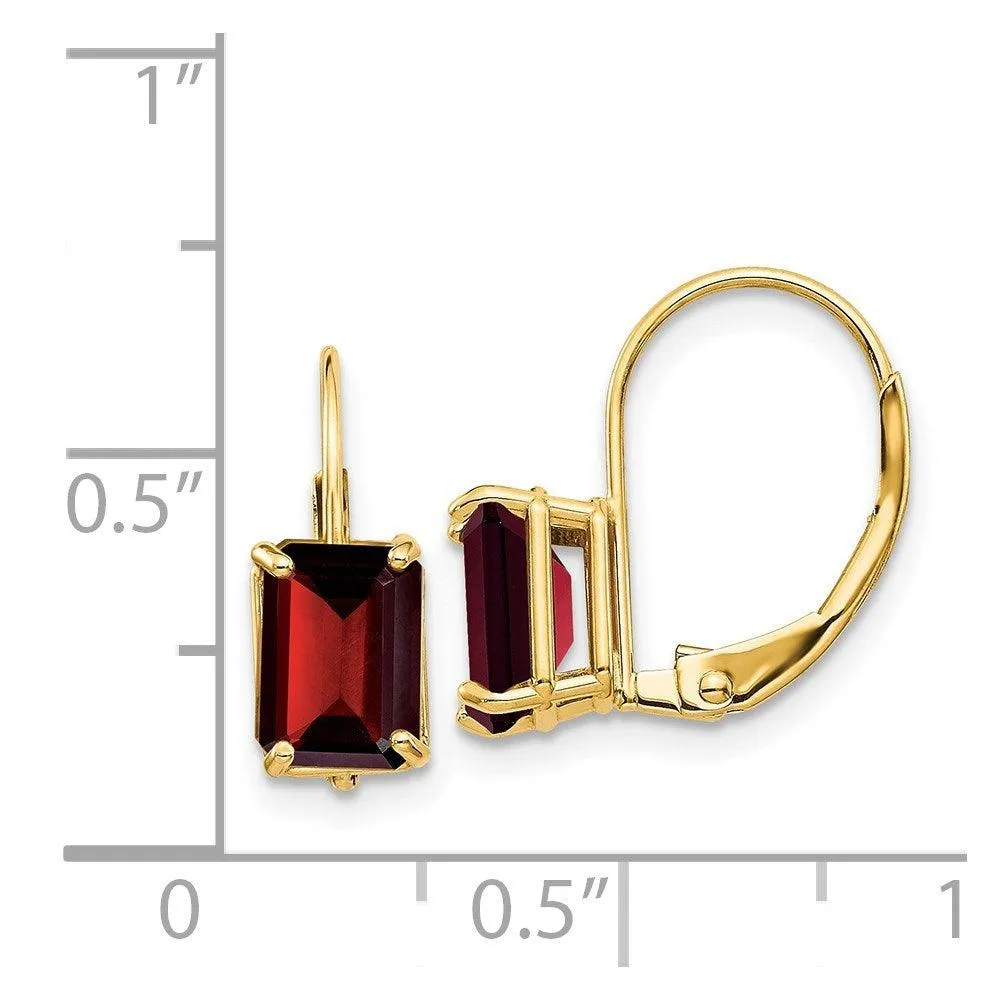 14k 7x5mm Emerald Cut Garnet Leverback Earrings