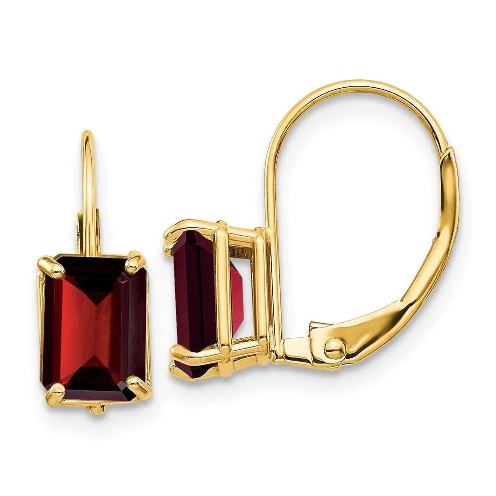 14k 7x5mm Emerald Cut Garnet Leverback Earrings