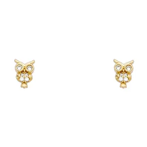 14K Gold CZ Beautiful Owl Lucky Charm Stud Earrings