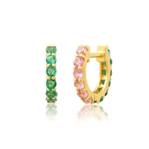 14K Gold Half & Half Pink Sapphire & Emerald Huggie Hoops Earrings