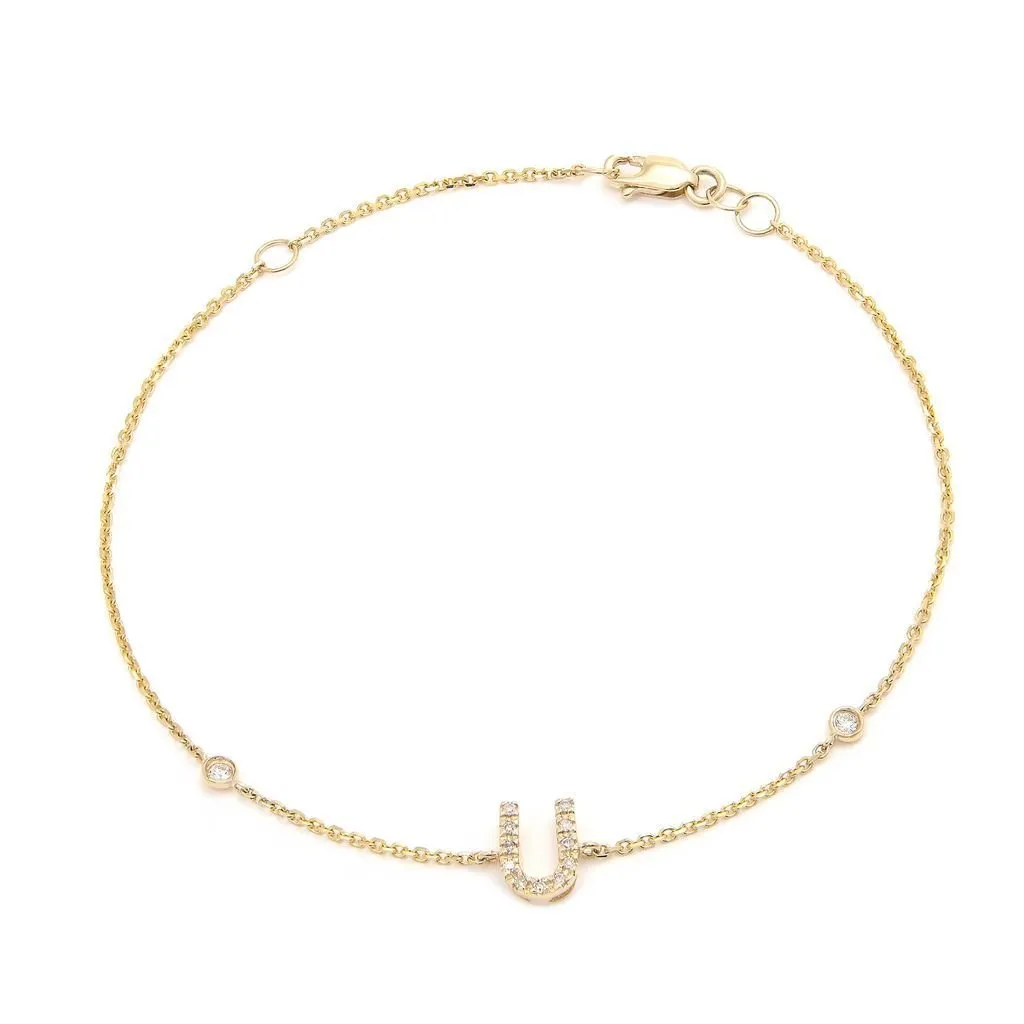 14K Gold Initial "U" Bracelet With Diamonds