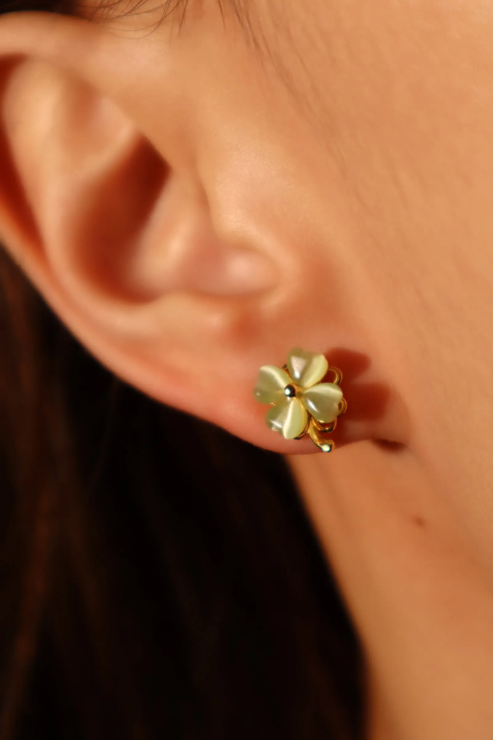 14K Real Gold Plated Spinning Jade Clover Earrings