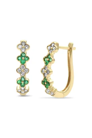 14K Solid Gold Clover Natural Diamond and Emerald One Touch Hoop Earring