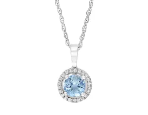 14K White Gold 0.52ctw Round Aquamarine & Diamond Halo Necklace