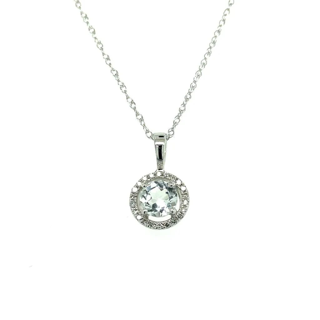 14K White Gold 0.52ctw Round Aquamarine & Diamond Halo Necklace