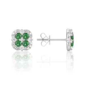 14K White Gold Emerald Clover Halo Studs