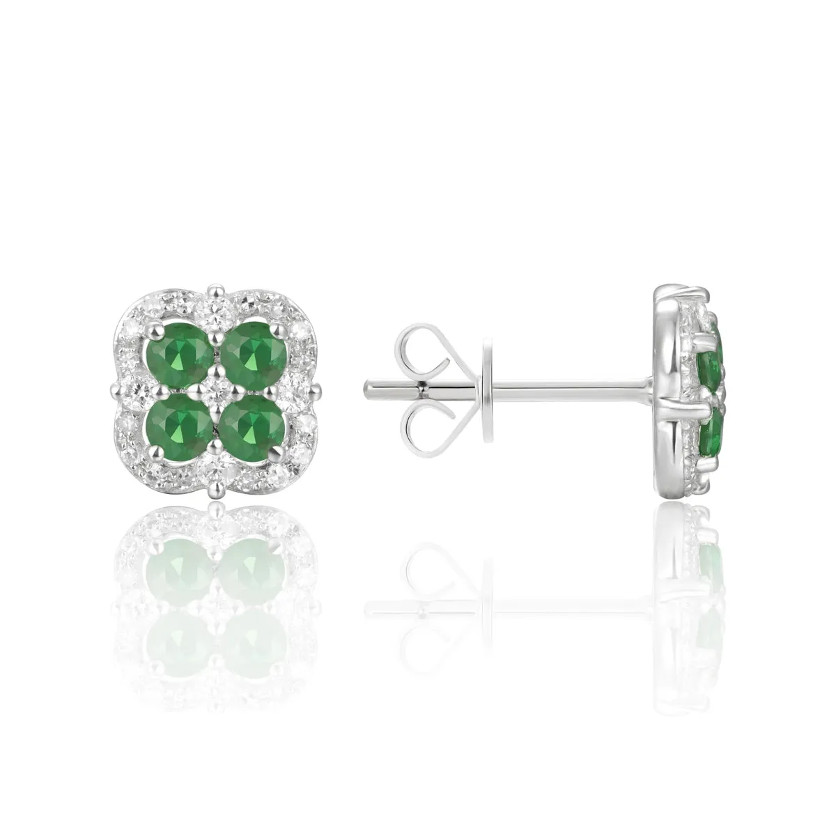 14K White Gold Emerald Clover Halo Studs