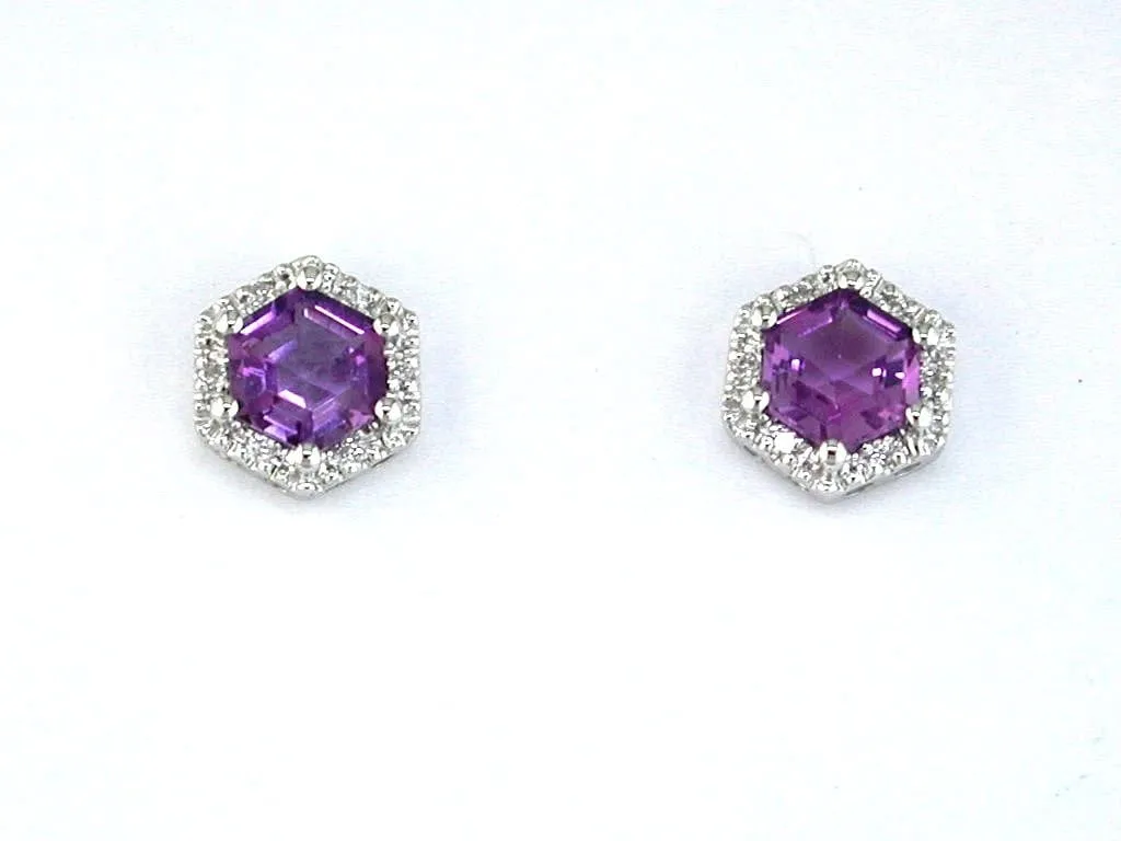 14K White Gold Hexagon Shaped Amethyst and Diamond Earrings