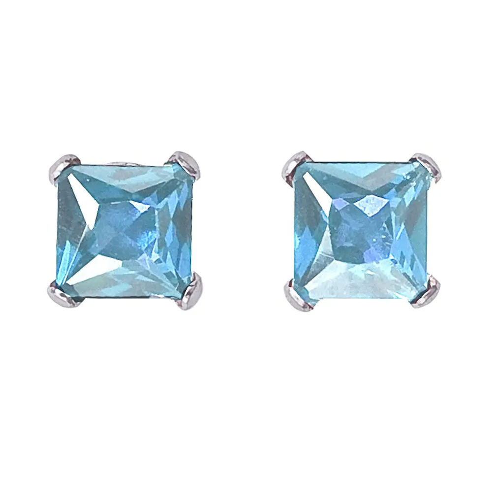 14k White Gold Plated 3 Carat Square Created Aquamarine Sapphire Stud Earrings