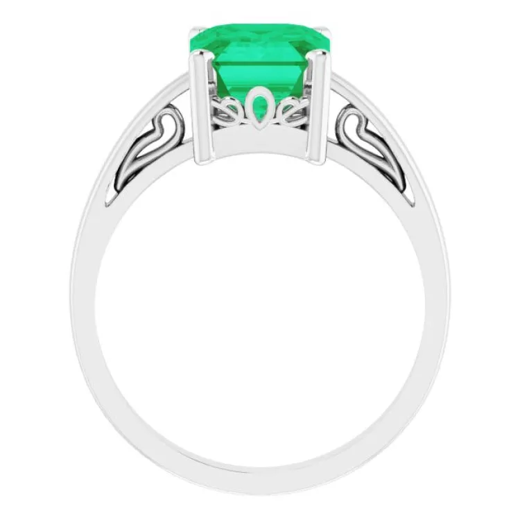 14K White Lab-Grown Emerald Scroll Setting® Ring