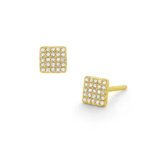 14k Yellow Gold Pave Diamond Square with Round Bezel Stud Earrings (I6442)