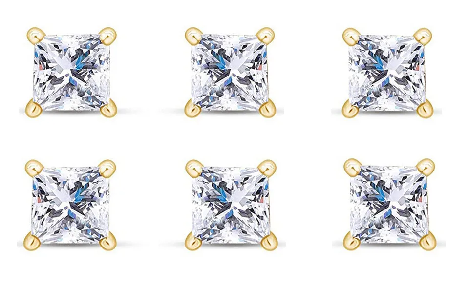 14k Yellow Gold Plated 4Ct Princess Cut White Sapphire Set Of Three Stud Earrings