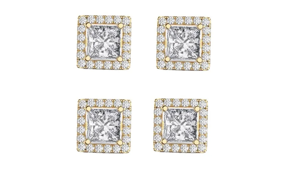 14k Yellow Gold Plated 4mm 4Ct Square Cut White Sapphire Set of Two Halo Stud Earrings