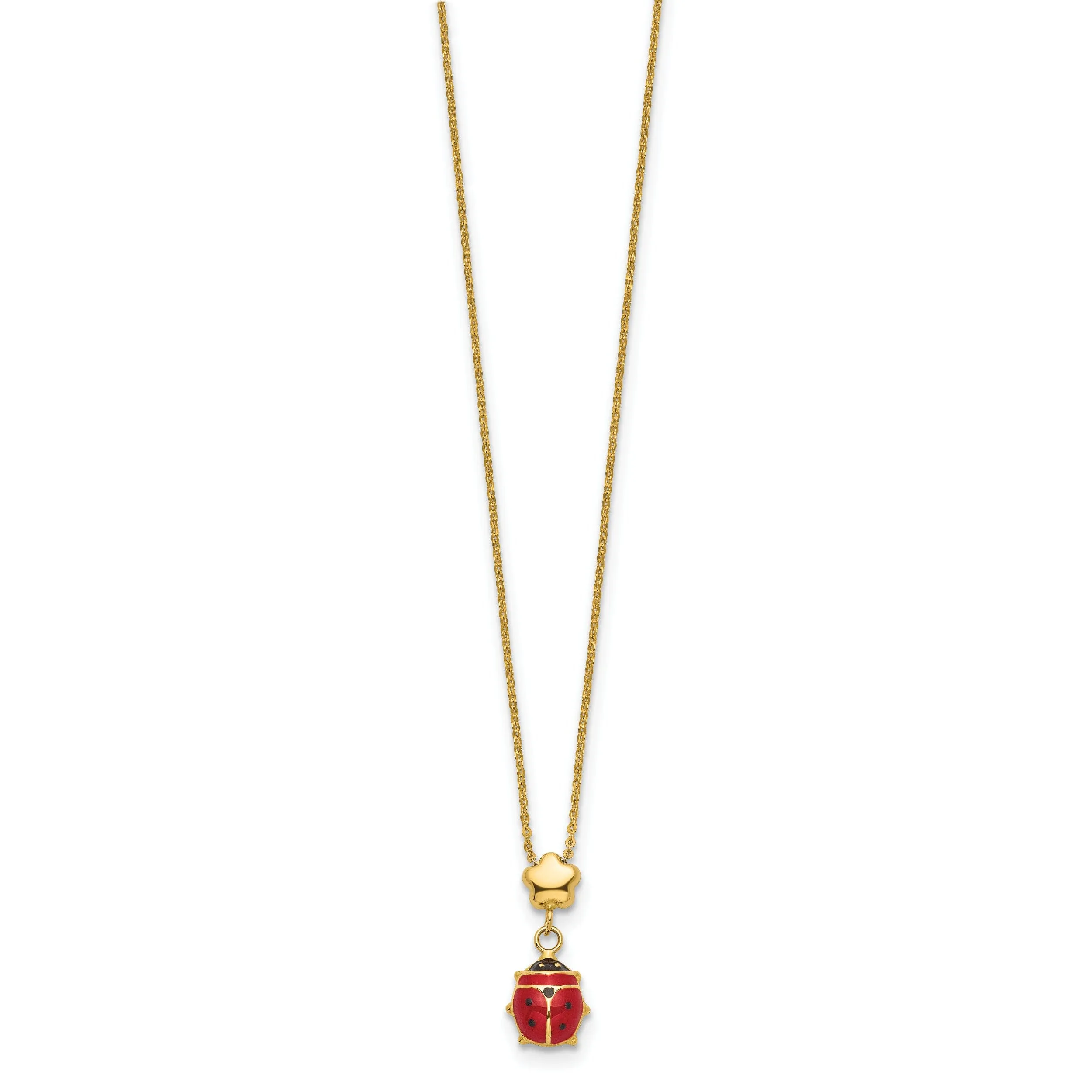 14k Yellow Gold Polished Red, Black Enameled Finish Hollow Ladybug with Flower Design Pendant in a 16.5-inch Cable Chain Necklace Set