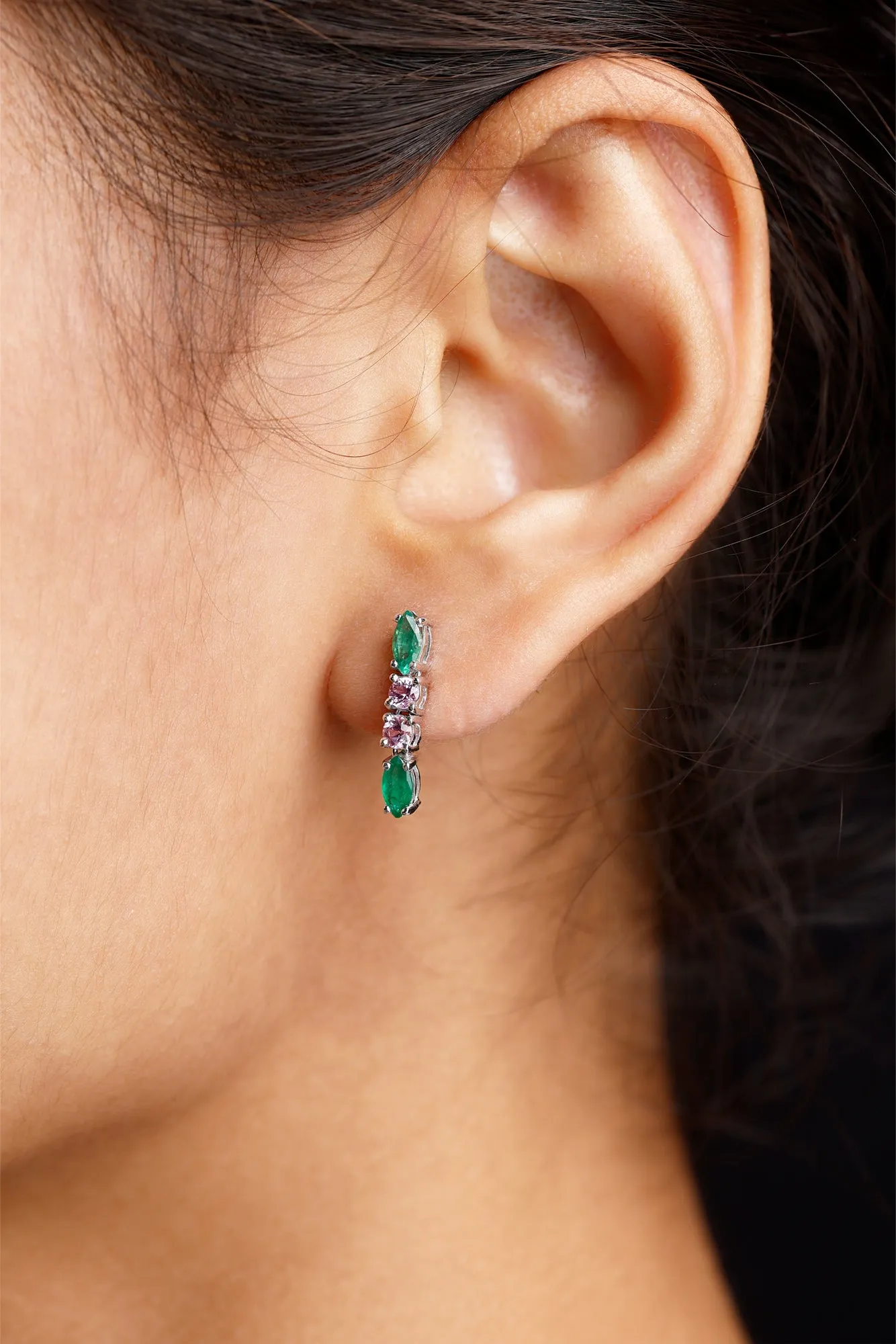 1.75 CT Marquise Emerald and Pink Sapphire Dangle Earrings