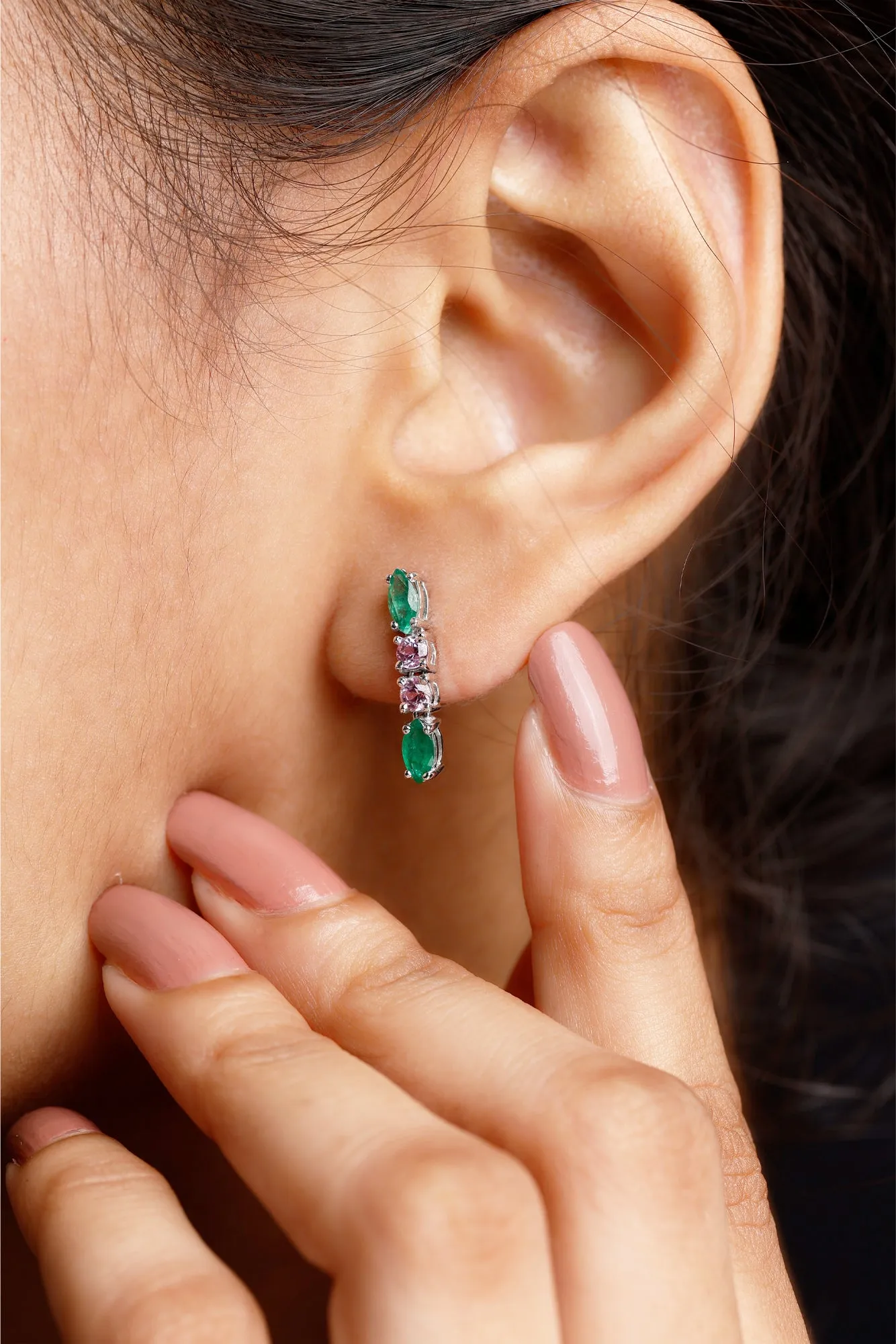 1.75 CT Marquise Emerald and Pink Sapphire Dangle Earrings