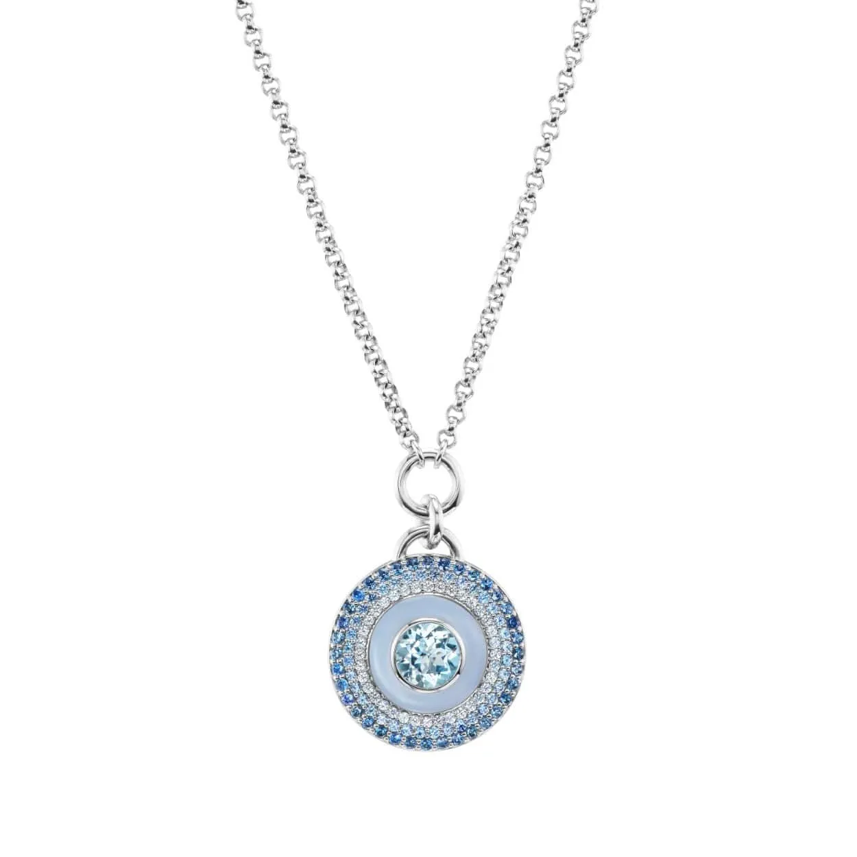 18K White Gold Aquamarine and Blue Sapphire Air Medallion Necklace