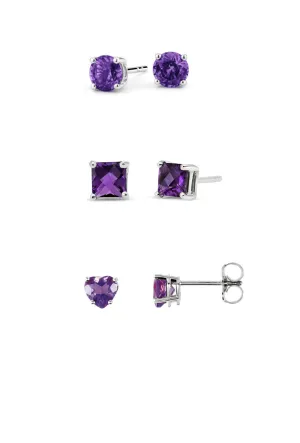 18k White Gold Plated 1Cttw 7mm Created Amethyst 3 Pair Round, Square and Heart Stud Earrings