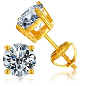 18K Yellow Gold 4 Carat Round Created Diamond Screw Back Stud Earrings Plated By Paris Jewelry