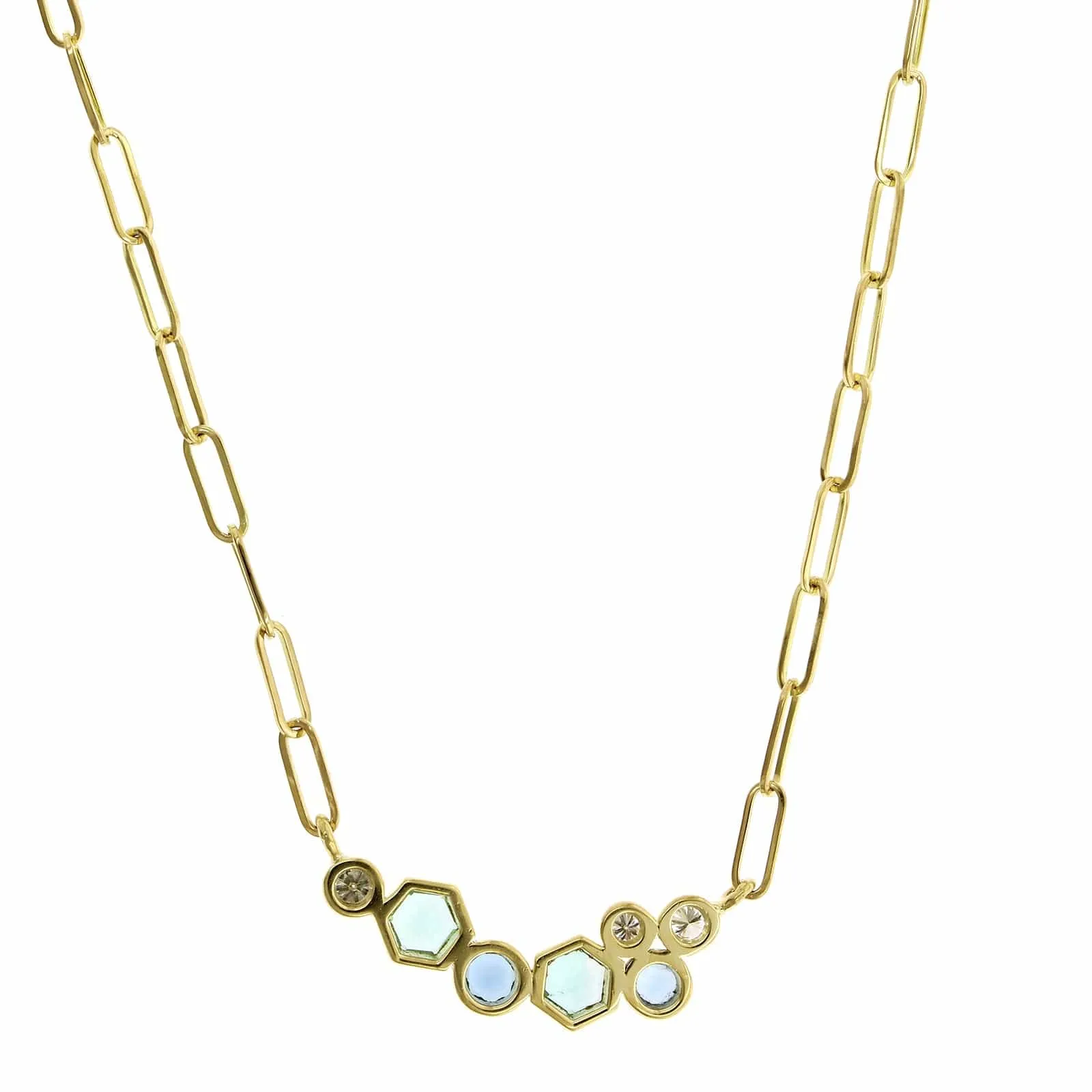 18K Yellow Gold Green Beryl, Aquamarine, and Diamond Bubble Necklace