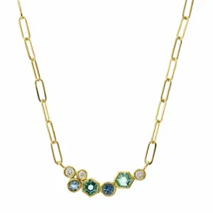 18K Yellow Gold Green Beryl, Aquamarine, and Diamond Bubble Necklace