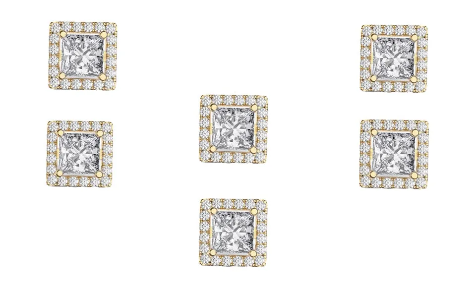 18k Yellow Gold Plated 1Ct Square Cut White Sapphire Set of Three Halo Stud Earrings