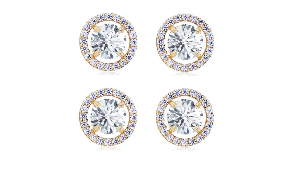 18k Yellow Gold Plated 2Ct Round White Sapphire Set of Two Halo Stud Earrings