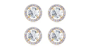 18k Yellow Gold Plated 2Ct Round White Sapphire Set of Two Halo Stud Earrings