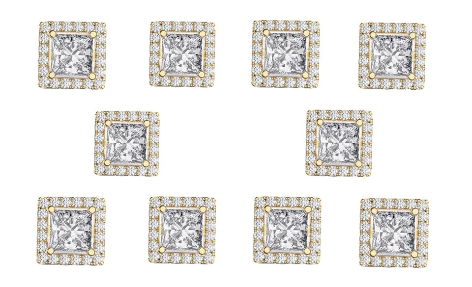 18k Yellow Gold Plated 6mm 1/2Ct Square Cut White Sapphire Set of Five Halo Stud Earrings