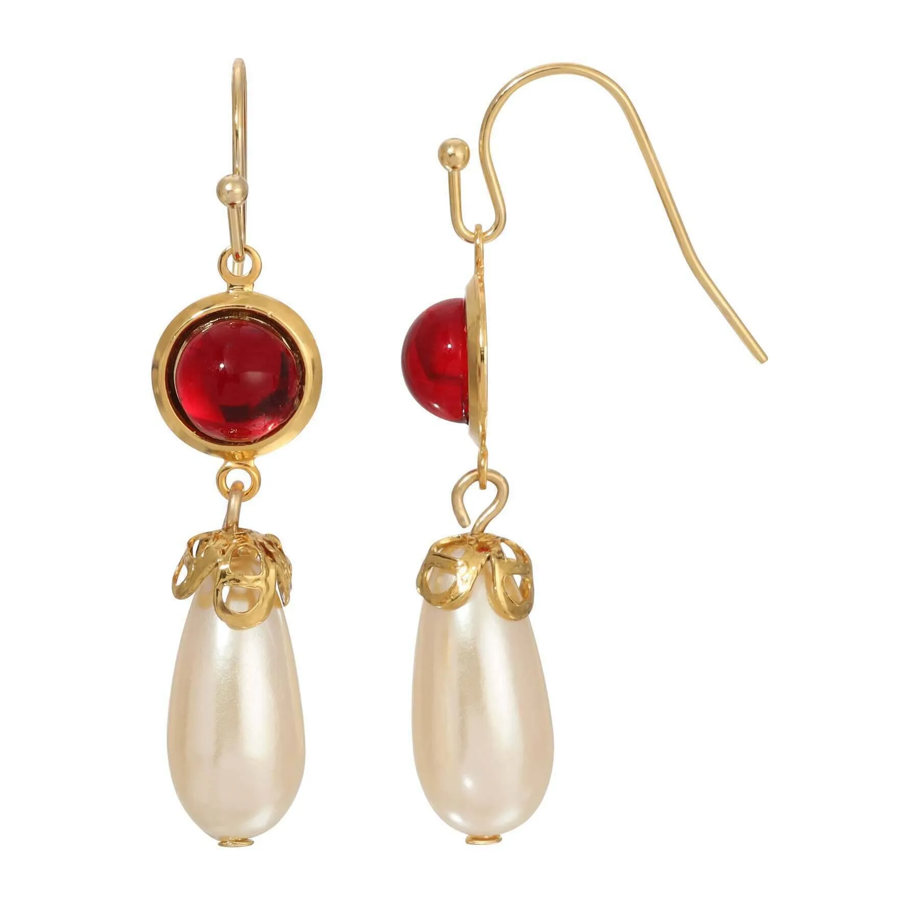 1928 Jewelry Cabochon Stones & Pear Shaped Faux Pearl Drop Earrings