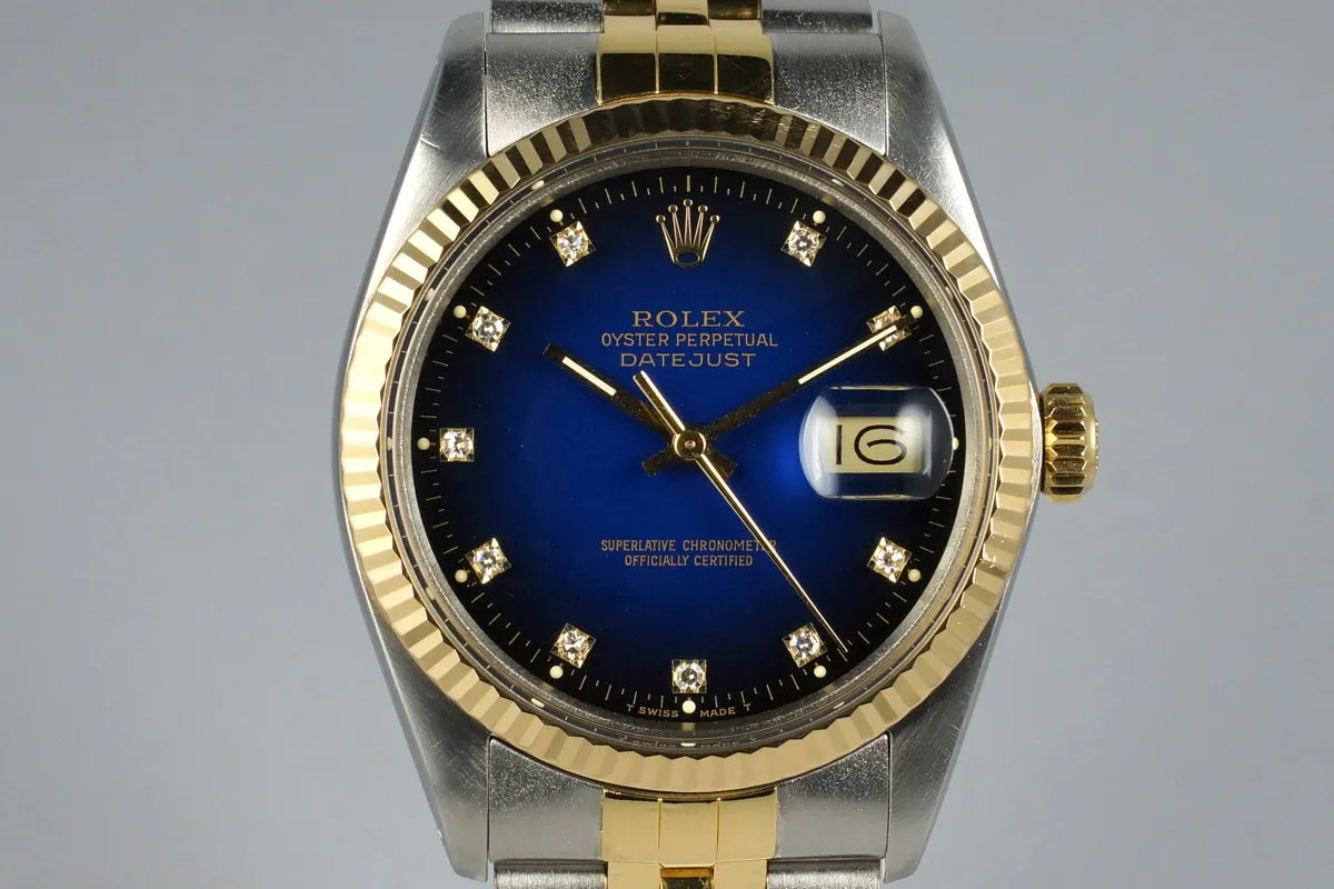 1986 Rolex Two Tone DateJust 16013 Factory Blue Vignette Diamond Dial with Box and Papers