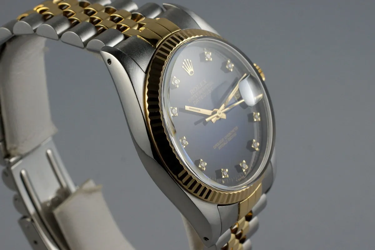 1986 Rolex Two Tone DateJust 16013 Factory Blue Vignette Diamond Dial with Box and Papers