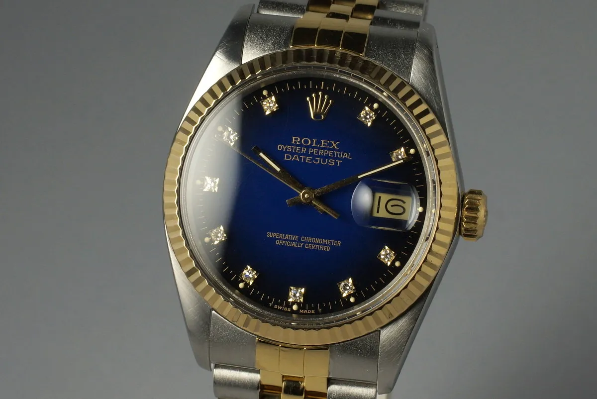 1986 Rolex Two Tone DateJust 16013 Factory Blue Vignette Diamond Dial with Box and Papers