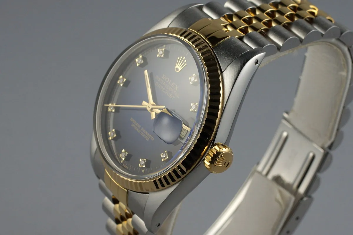 1986 Rolex Two Tone DateJust 16013 Factory Blue Vignette Diamond Dial with Box and Papers