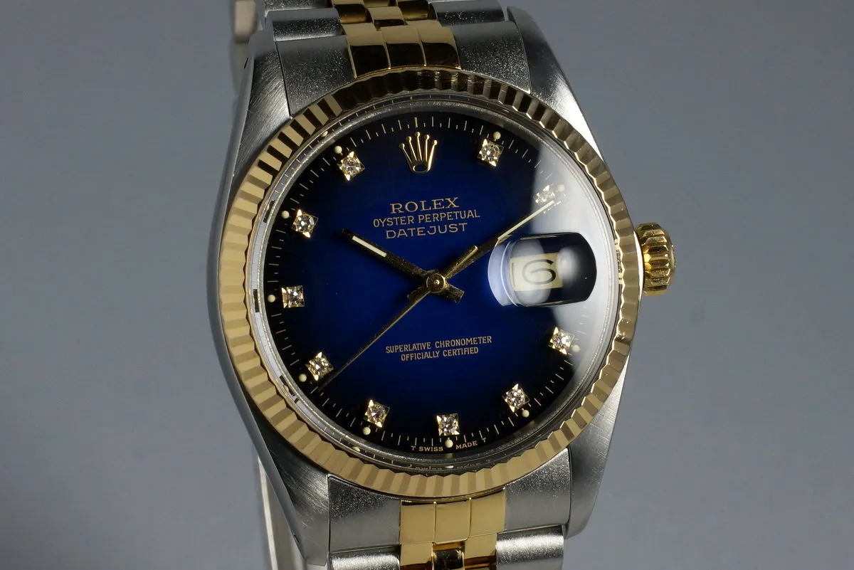 1986 Rolex Two Tone DateJust 16013 Factory Blue Vignette Diamond Dial with Box and Papers