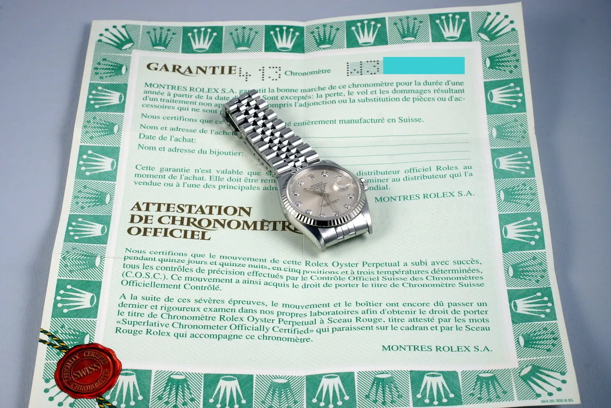 1995 Rolex DateJust 16234 Factory Diamond Silver Dial with Papers