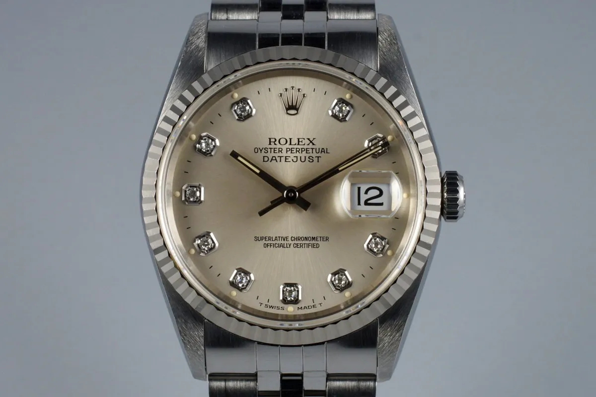 1995 Rolex DateJust 16234 Factory Diamond Silver Dial with Papers