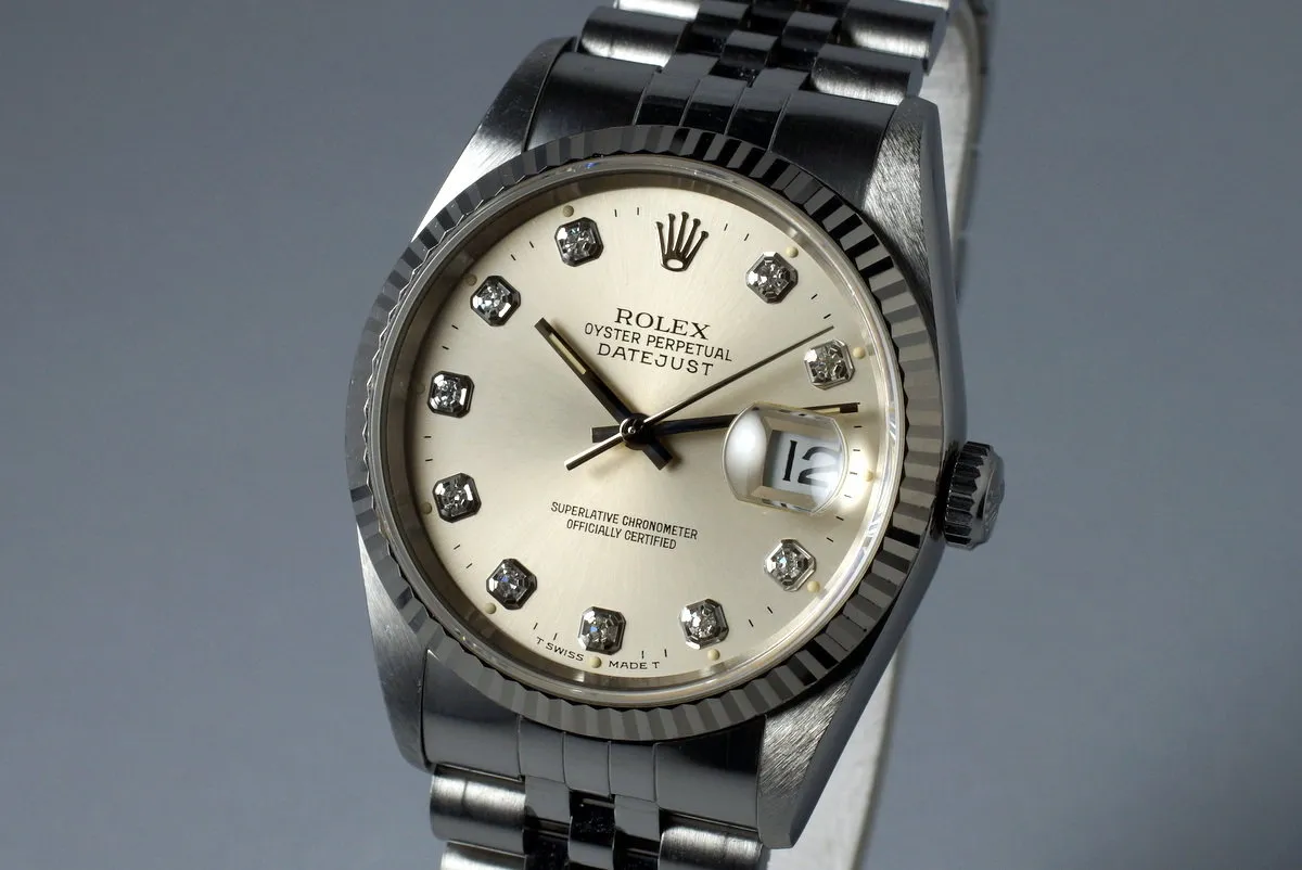 1995 Rolex DateJust 16234 Factory Diamond Silver Dial with Papers