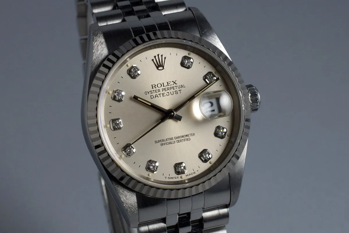 1995 Rolex DateJust 16234 Factory Diamond Silver Dial with Papers