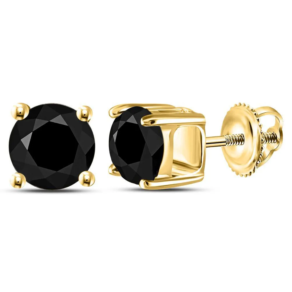 2.00cttw Round Black Color Treated Diamond Solitaire Stud Earrings 10k Gold