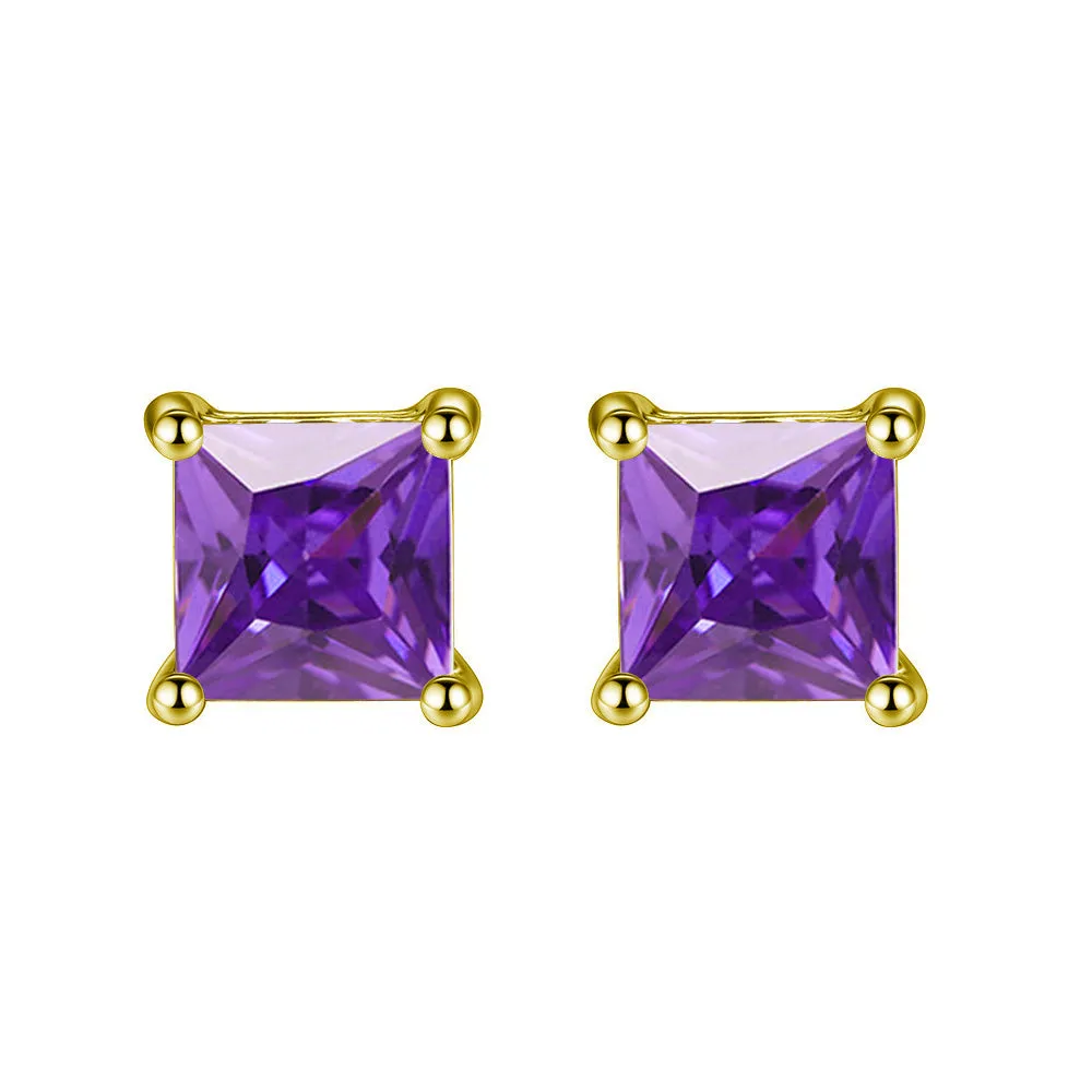 24k Yellow Gold Plated 2 Cttw Amethyst Princess Cut Stud Earrings